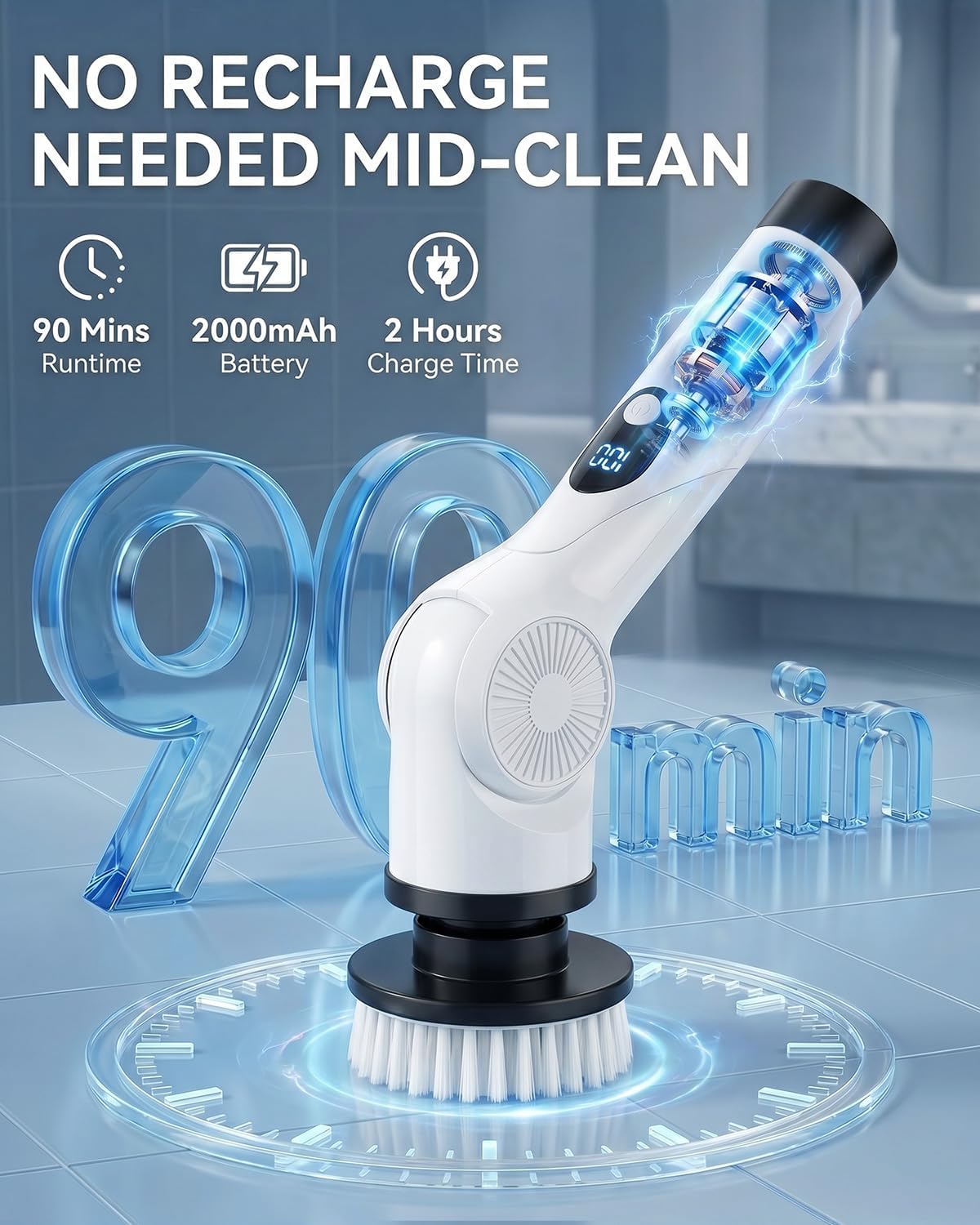 Electric Spin Scrubber, 3-Speed Shower Scrubber with Long Handle & 10 Replaceable Brush Heads, Cordless Full-Body IPX7 Waterproof Shower Cleaner Brush with 90 Mins Runtime for Bathroom
