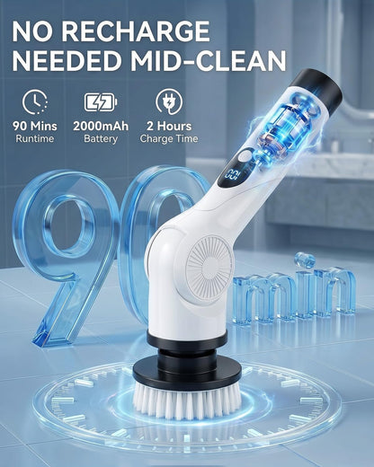 Electric Spin Scrubber, 3-Speed Shower Scrubber with Long Handle & 10 Replaceable Brush Heads, Cordless Full-Body IPX7 Waterproof Shower Cleaner Brush with 90 Mins Runtime for Bathroom