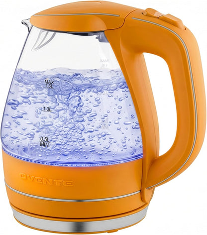 OVENTE 1.5L Glass Electric Kettle Water Boiler, Black KG83B | 1100W Fast Boiling, Borosilicate Glass, BPA-Free, Blue LED, Auto Shut-Off, Boil-Dry Protection, Removable Filter, 360° Base