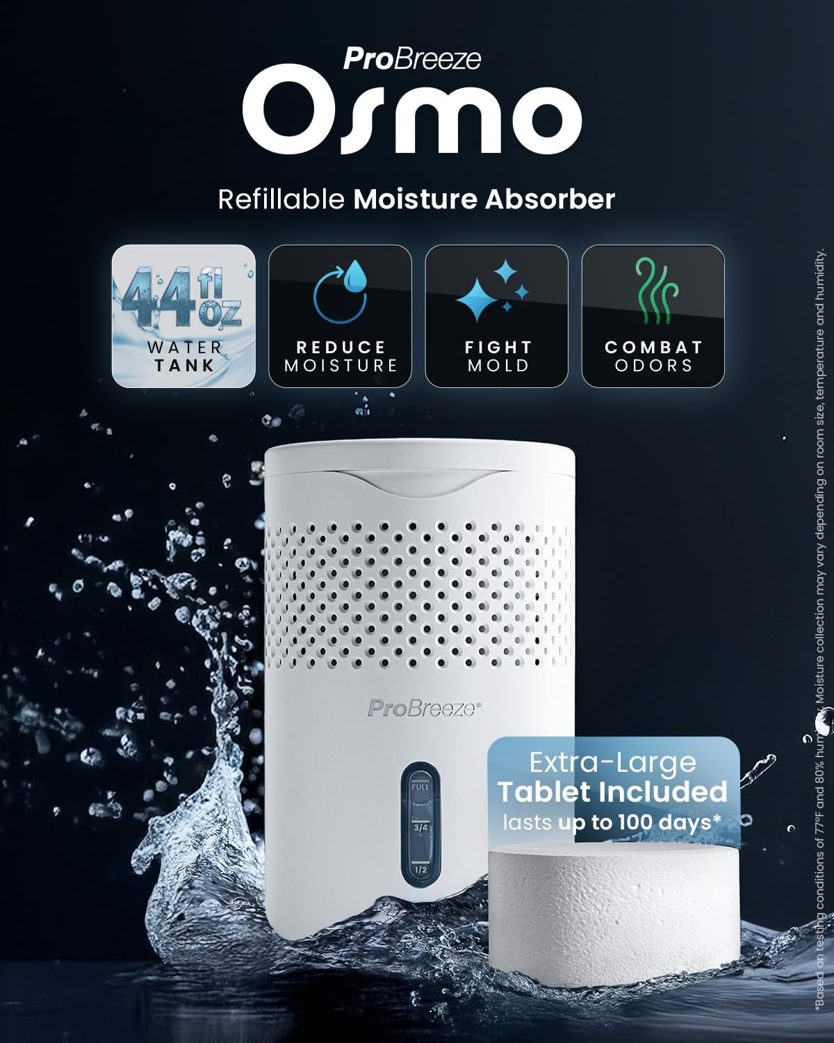 Pro Breeze Osmo Non-Electric Moisture Absorber, 44 fl.oz, Included 1.54lb Refillable Tablet, Lasts 100 Days, Ideal Silent Mini Dehumidifier for Closet, Bathroom & Bedroom, Fragrance Free, White