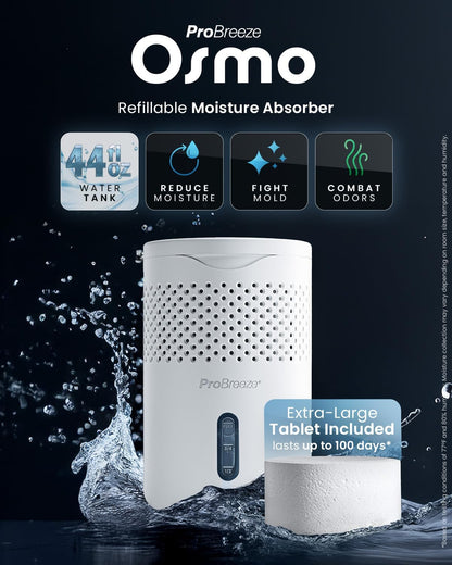 Pro Breeze Osmo Non-Electric Moisture Absorber, 44 fl.oz, Included 1.54lb Refillable Tablet, Lasts 100 Days, Ideal Silent Mini Dehumidifier for Closet, Bathroom & Bedroom, Fragrance Free, White