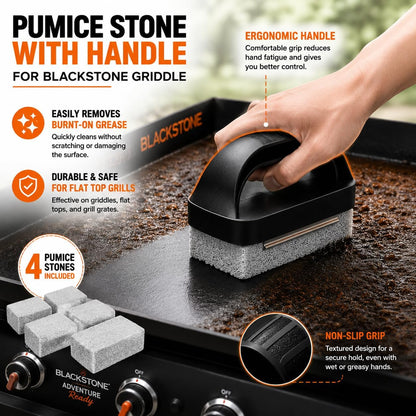 Pumice Stone with Handle for Blackstone Griddle, Grill Cleaning Brick for Burnt-On Grease, Flat Top Grill and Grates, Includes 1 Handle and 4 Stones
