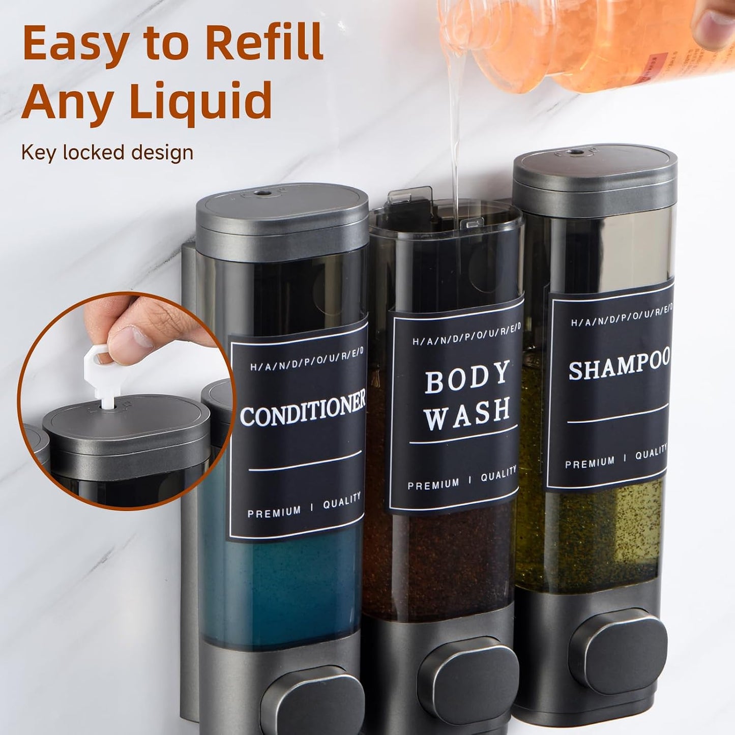 Shampoo and Conditioner Dispenser,Shower Soap Dispenser 3 Chamber No Drill Wall-Mounted Shampoo Dispenser for Shower Wall Mounted Shower Dispenser for Bathroom Hotel Large Capacity, Clear Bright
