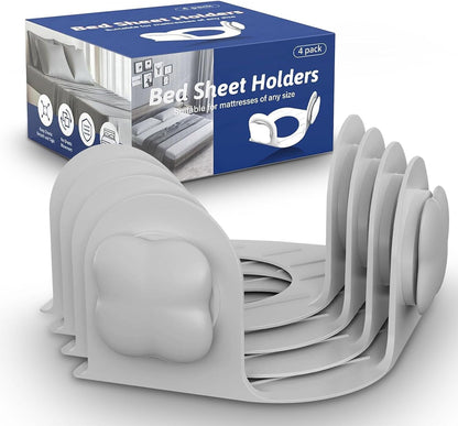 Bed Sheet Holders for Corners: 4 Pack Twist-Lock Clips Keep Sheets Tight Heavy-Duty Grippers Quick Install Fits All Mattresses（Grey）