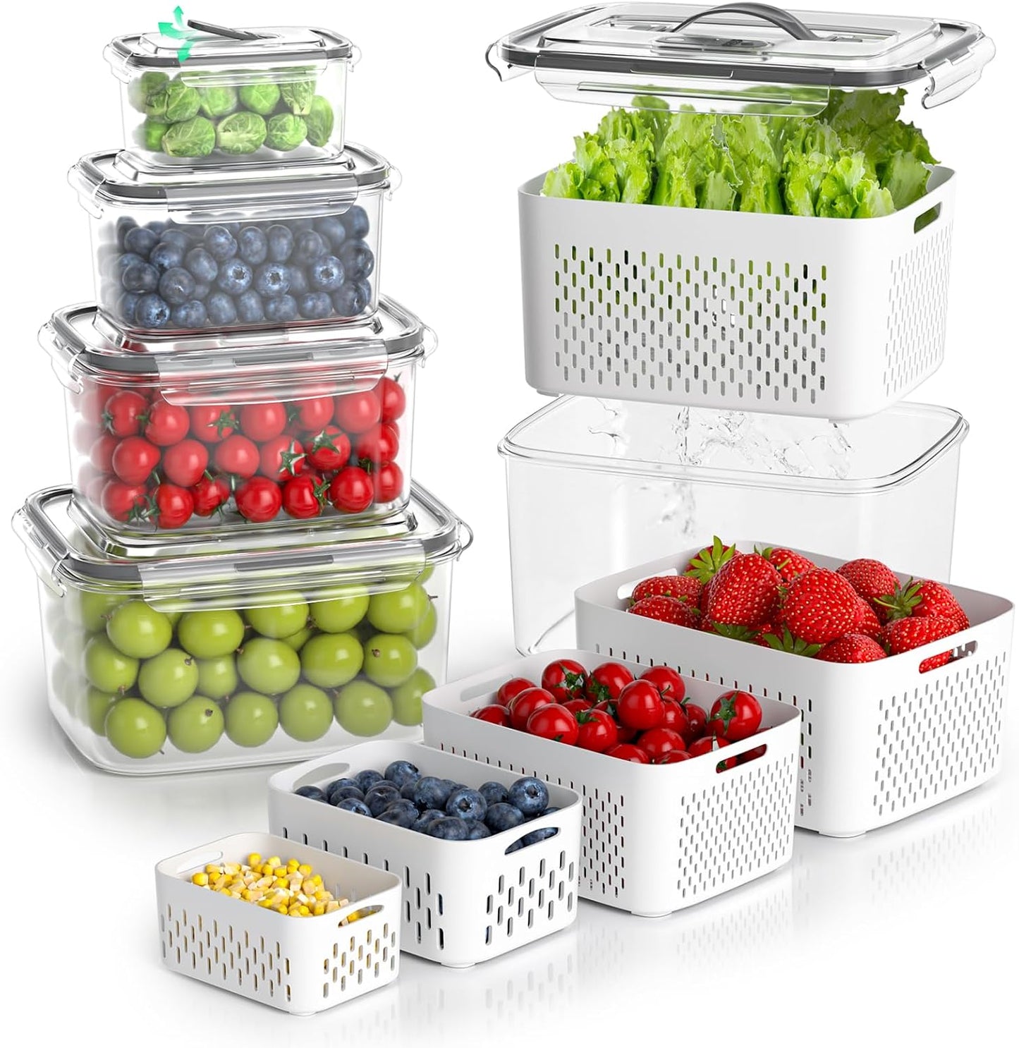 Fruit Storage Containers for Fridge - 5 Size Berry Containers for Fridge Keep Fresh with Colanders and Vent Handle Lids, Clear Vegetable Storage Containers for Refrigerator, Lettuce Keeper