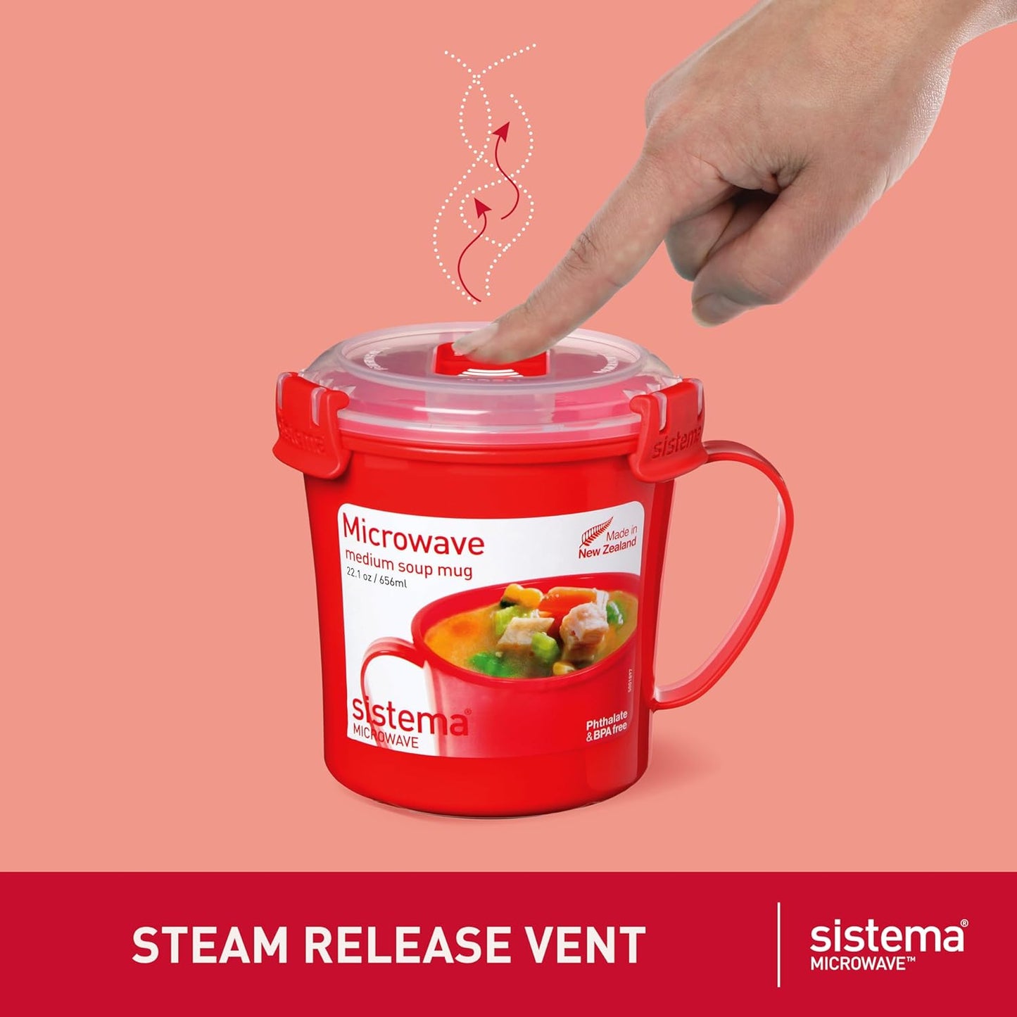 Sistema Microwaveable 940mL Noodle Bowl, Round Microwave Container with Lid & Steam-Release Vent, Cooks Pasta, Soup, Stew & More, Dishwasher & Freezer-Safe, BPA-Free
