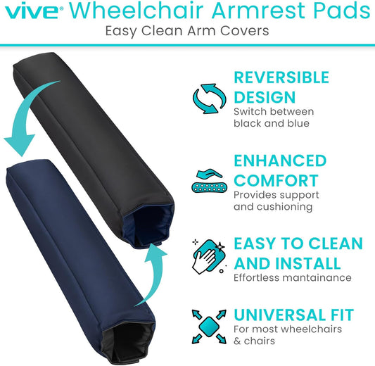 Vive Wheelchair Armrest Pads (2 PCS) - 2-in-1 Reversible Colors - Soft Cushion Arm Rest Accessories for Office Desk Transport Electric Wheel Chairs - Pressure Relief, Non-Slip - Easy-Clean Design