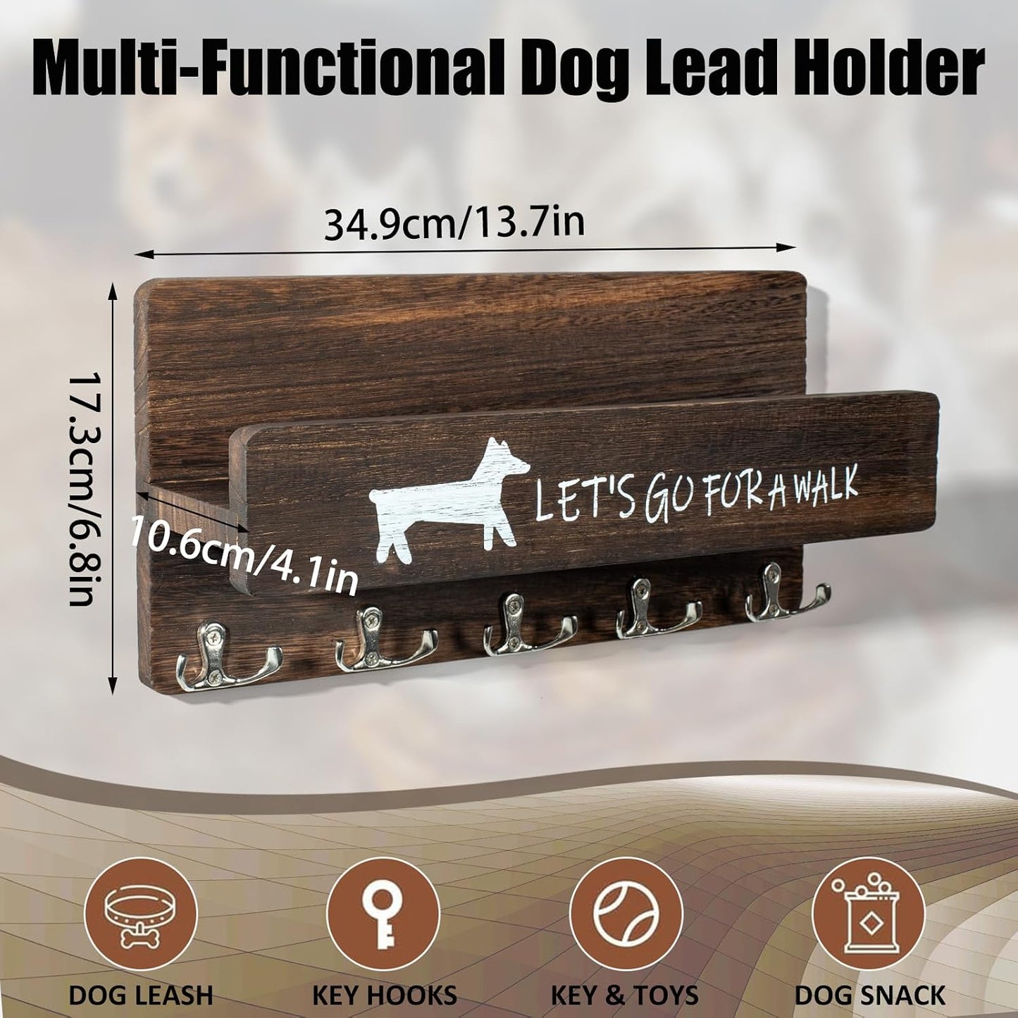 Wood Dog Leash Holder for Wall, Key Hanger with 5 Double Key Hooks | Dog Leash Hanger Wall Mounted for Entryway, Farmhouse Treats,35cm,Brown