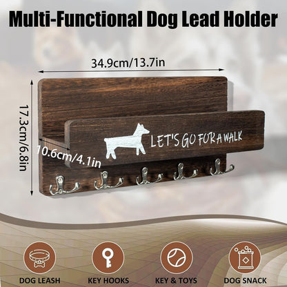 Wood Dog Leash Holder for Wall, Key Hanger with 5 Double Key Hooks | Dog Leash Hanger Wall Mounted for Entryway, Farmhouse Treats,35cm,Brown