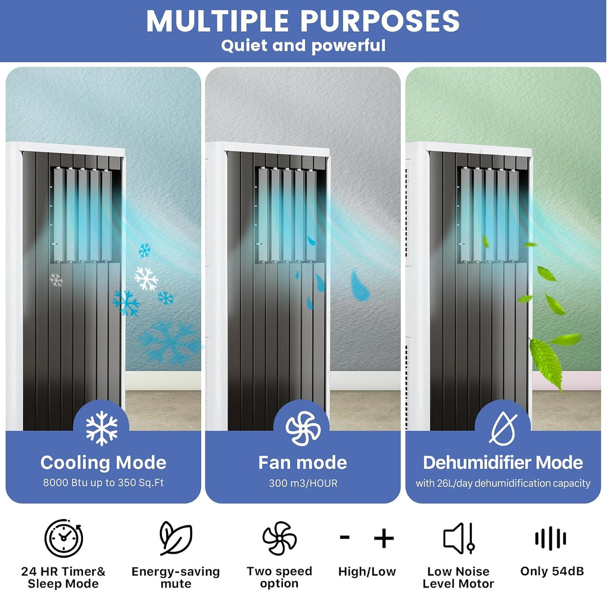 8000 BTU Portable Air Conditioner, 3 in 1 AC with Dehumidifier & Fan, Quiet 45dB, Remote, 24H Timer, Window Kit & Wheels, Cools Up to 350 Sq.ft, Bedroom, Dorm, Home Office