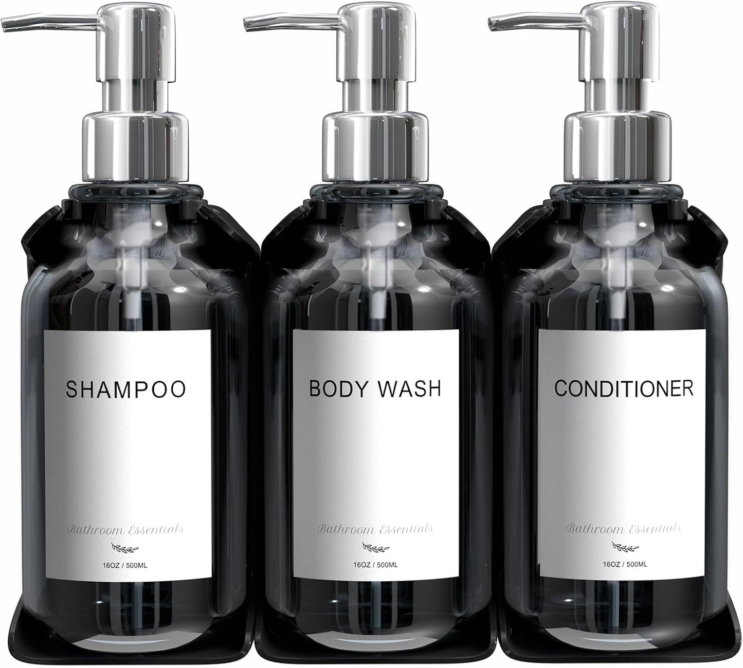 Modern Shampoo and Conditioner Dispenser - Shower Soap Dispenser Wall Mounted - 3-Pack 16 oz Plastic Amber Bottles with Black Pumps - Stylish Shampoo Dispenser, Shower Dispenser 3 Chamber No Drill