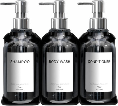 Modern Shampoo and Conditioner Dispenser - Shower Soap Dispenser Wall Mounted - 3-Pack 16 oz Plastic Amber Bottles with Black Pumps - Stylish Shampoo Dispenser, Shower Dispenser 3 Chamber No Drill