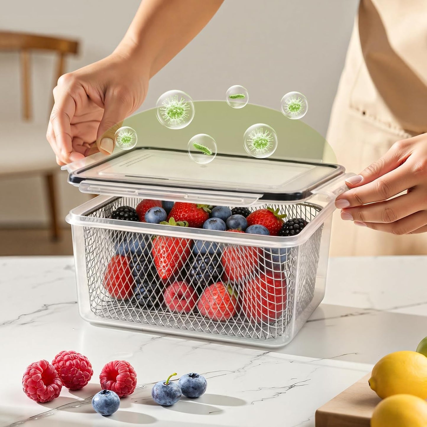 5 PCS Large Fruit storage Containers for Fridge ,Food Storage Containers | with Removable Colander Leakproof Dishwasher & Microwave safe Produce Containers Keep Fruits Vegetables Berry Fresh longer