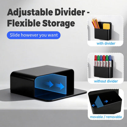 2 Pack Magnetic Pen Holder for Refrigerator & Whiteboard, Full-Back Magnet Dry Erase Marker Holder with Adjustable Divider, Magnetic Marker Holder for White Board Office Desk Locker Accessories, Black