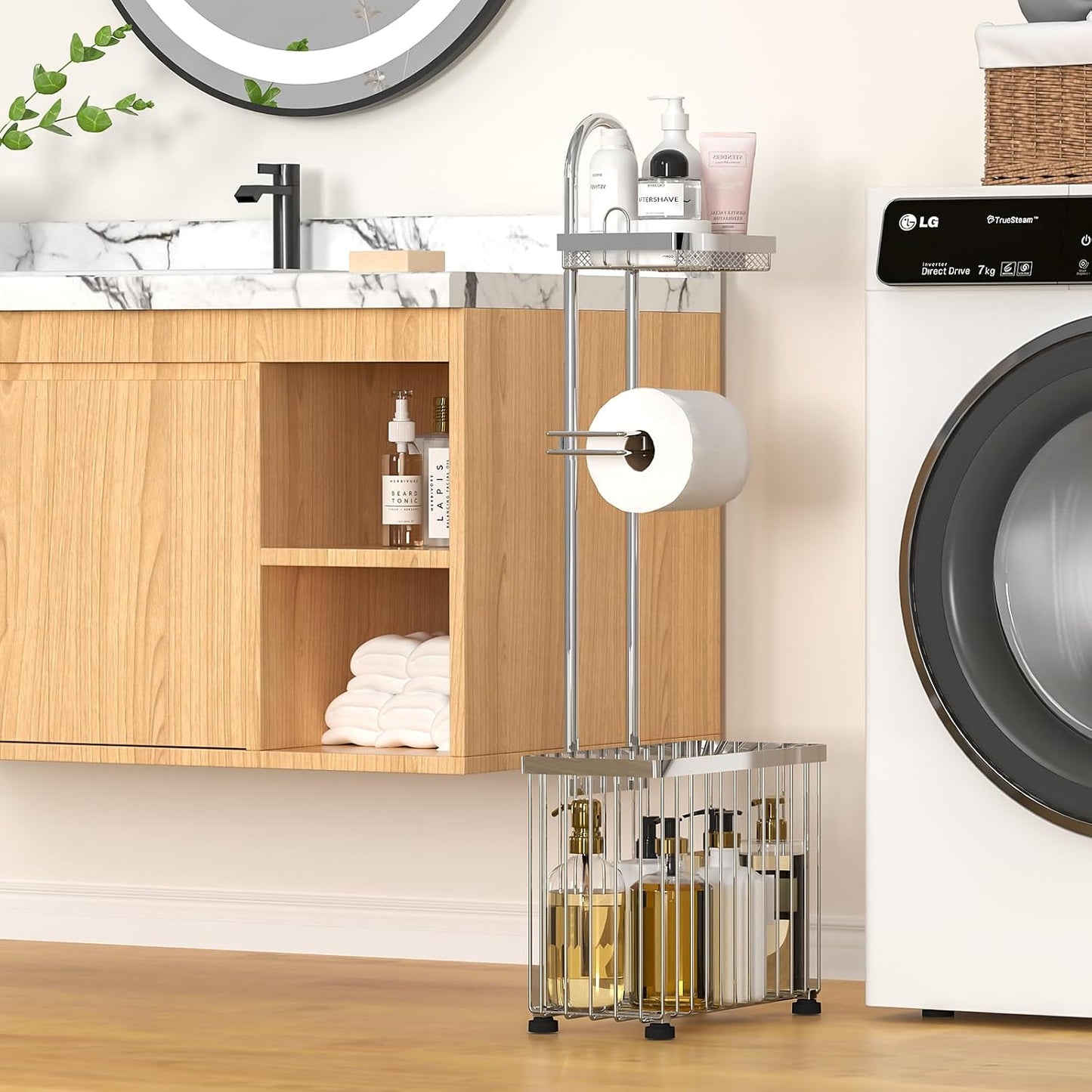 Freestanding Toilet Paper Holder Toilet Tissue Rack Scroll Stand Roll Dispenser with Storage Shelf Reserve for Phone Tablet Magazine Bathroom Organizer Bath Tissue Organizer (Silver)
