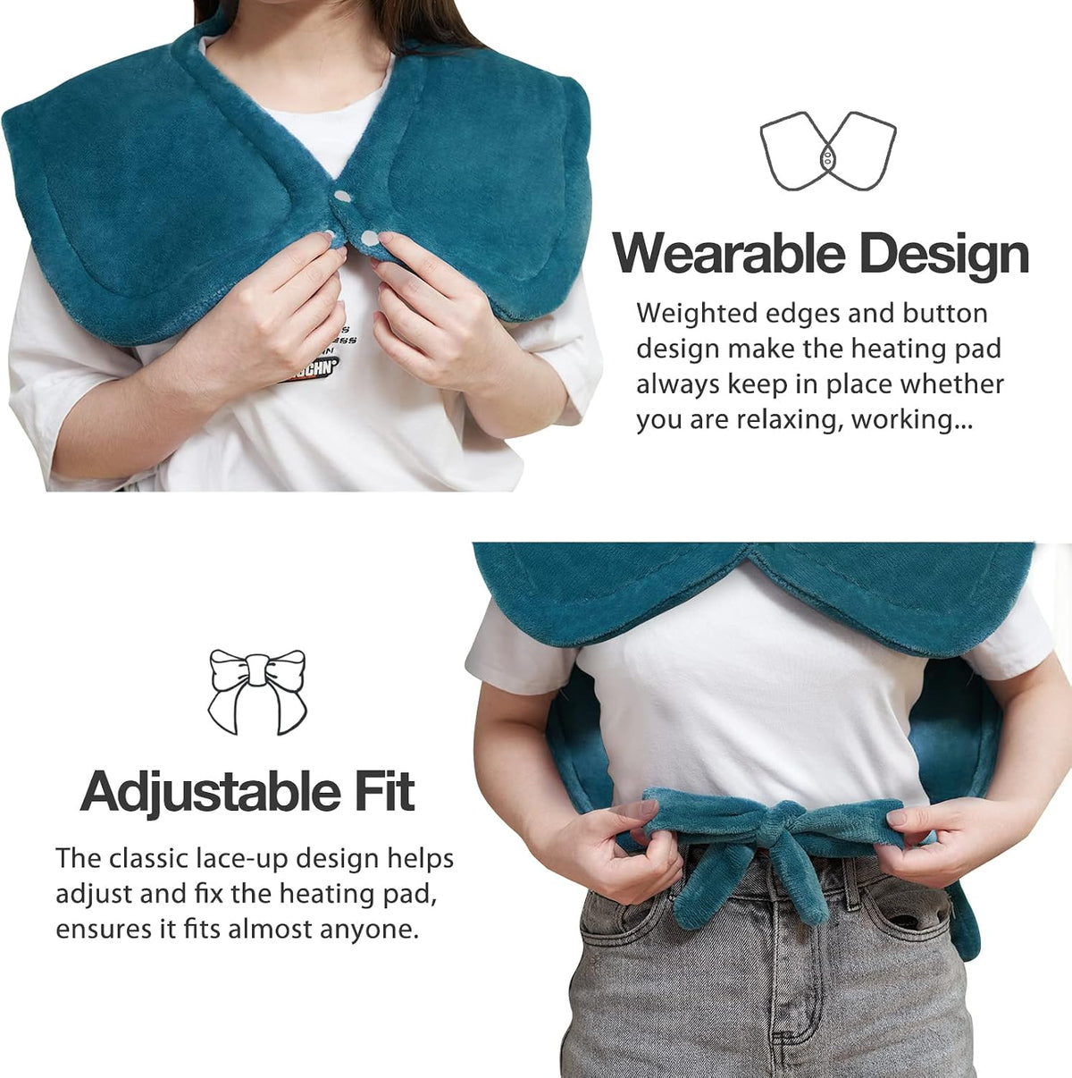 DAILYLIFE Heating Pad with Massager for Neck and Shoulders, Wearable Electric Heating Pads for Back Pain Relief, Auto-Shut Off, 6 Heat Settings, 4 Massage Modes, Large Size, UL Certified, Blue