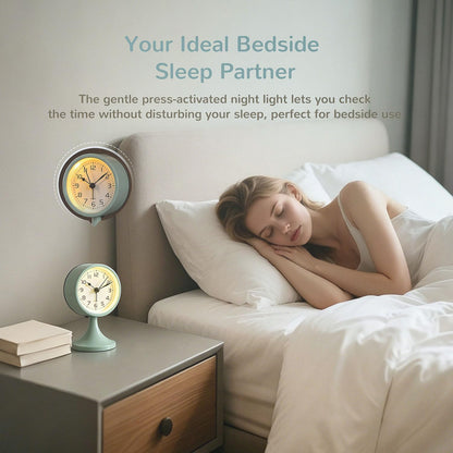 Alarm Clock, Metal 3 inch Silent Non Ticking Small Clock with Night Light, Battery Operated, Desk Analog Clock for Bedrooms Decoration, Old Fashioned Style Clock for Bedside, Adult, Gift