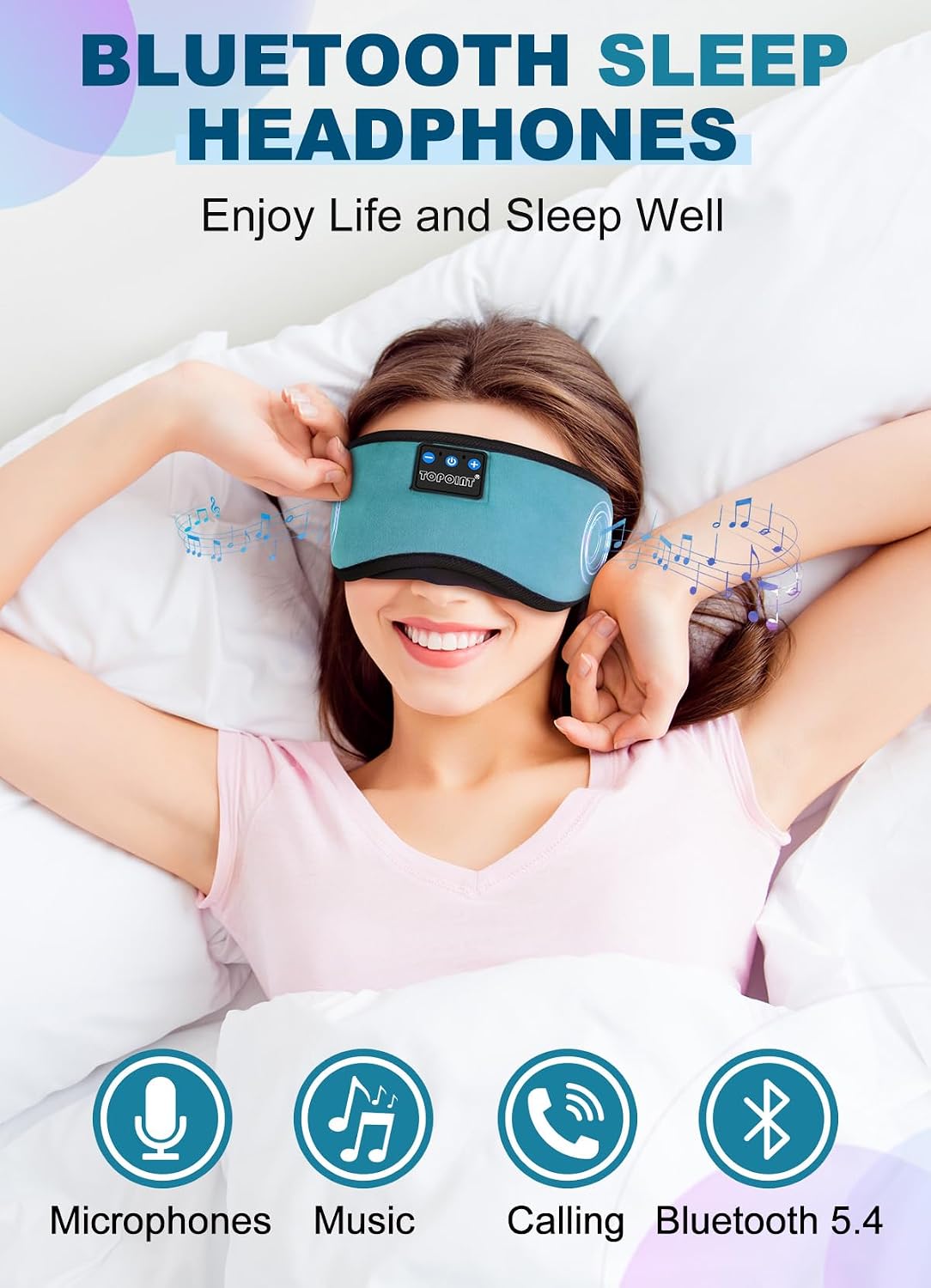 TOPOINT Sleep Mask Headphones Bluetooth Wireless 5.4, Breathable Cotton Eye Mask for Sleeping Side Sleepers Travel Music Headsets with Microphone Handsfree Men Women