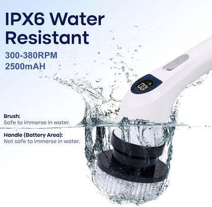 Electric Spin Scrubber for Cleaning with 7 Replaceable Heads | Adjustable Shower Brush with LED Display, 2 Speed Waterproof Cordless Shower Scrubber for Bathtub, Kitchen, Car, White