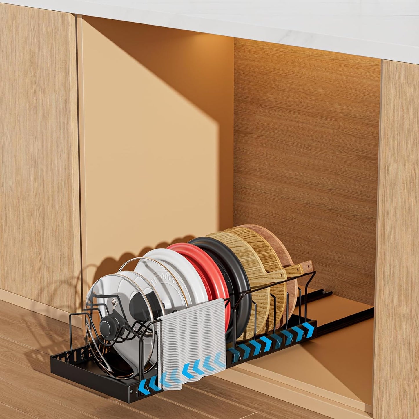 Black 2 Pack Pot Lid Organizer, Pull Out Cabinet Rack, 16 Dividers | 2-pack black carbon steel rack, 16 adjustable dividers, quiet slide rails, adhesive or screw mount for lids, pans, bakeware