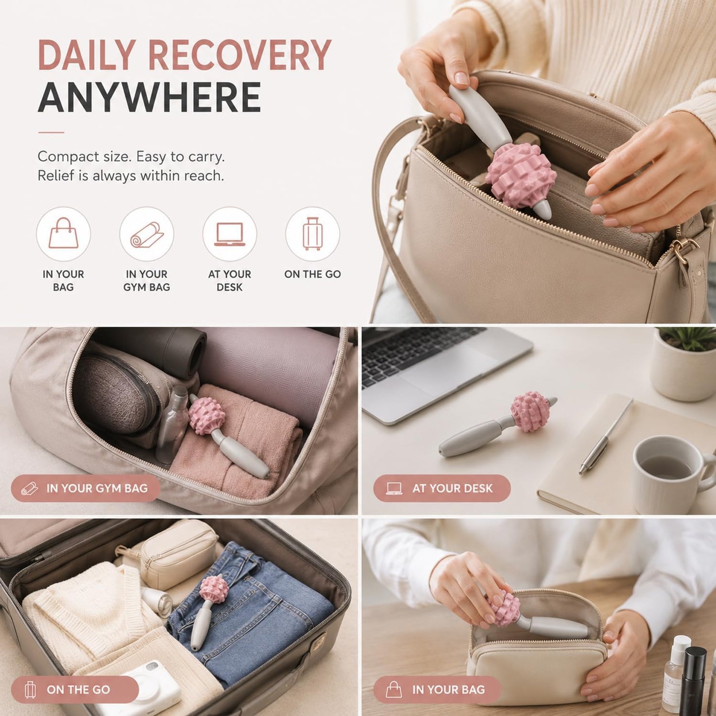 Handheld Massage Tool for Trigger Point Relief, Portable Muscle Roller for Deep Tissue Relaxation, Compact One-Hand Recovery Tool for Neck, Legs, Arms & Back