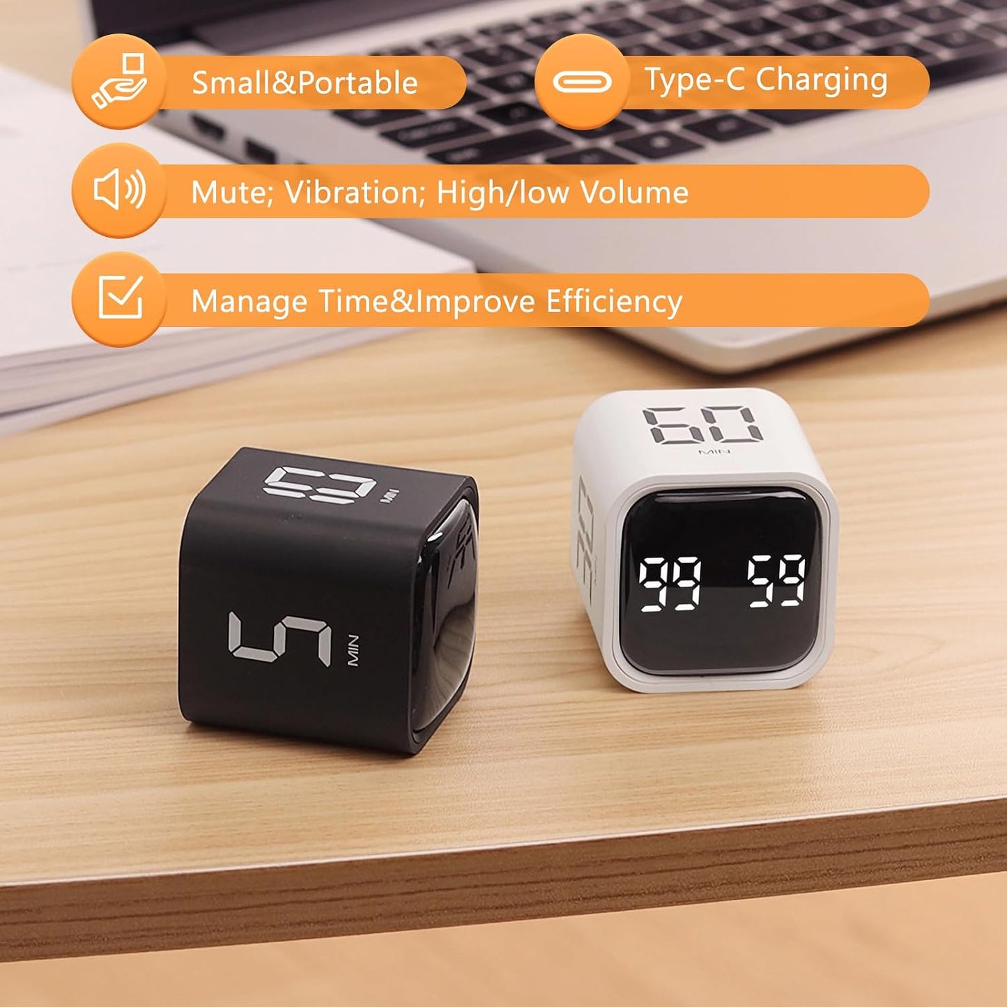 GuDoQi Multi-Function Cube Timer, 5/10/30/60 Min & Custom Count Down, Included Pause & Resume Feature, Silent, Vibrate & Adjustable Sound Alarm for Productivity in Tasks, Study & Kitchen, Purple