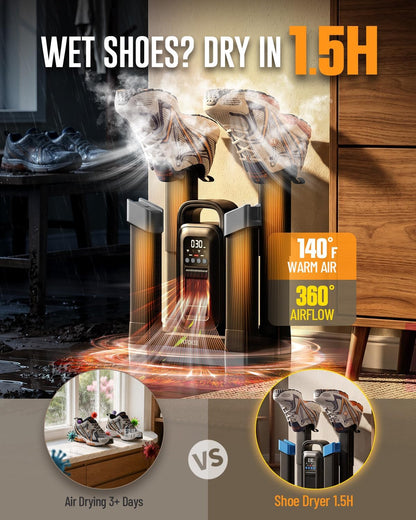 4-Head Boot Dryer with Ozone Deodorizer, 1.5H Fast Drying for 2 Pairs | 140°F Warm Air, 0-180 Min Timer, Quiet Operation, Retractable Tubes for Shoes, Work Boots, Sneakers, Cleats & Adult Gloves