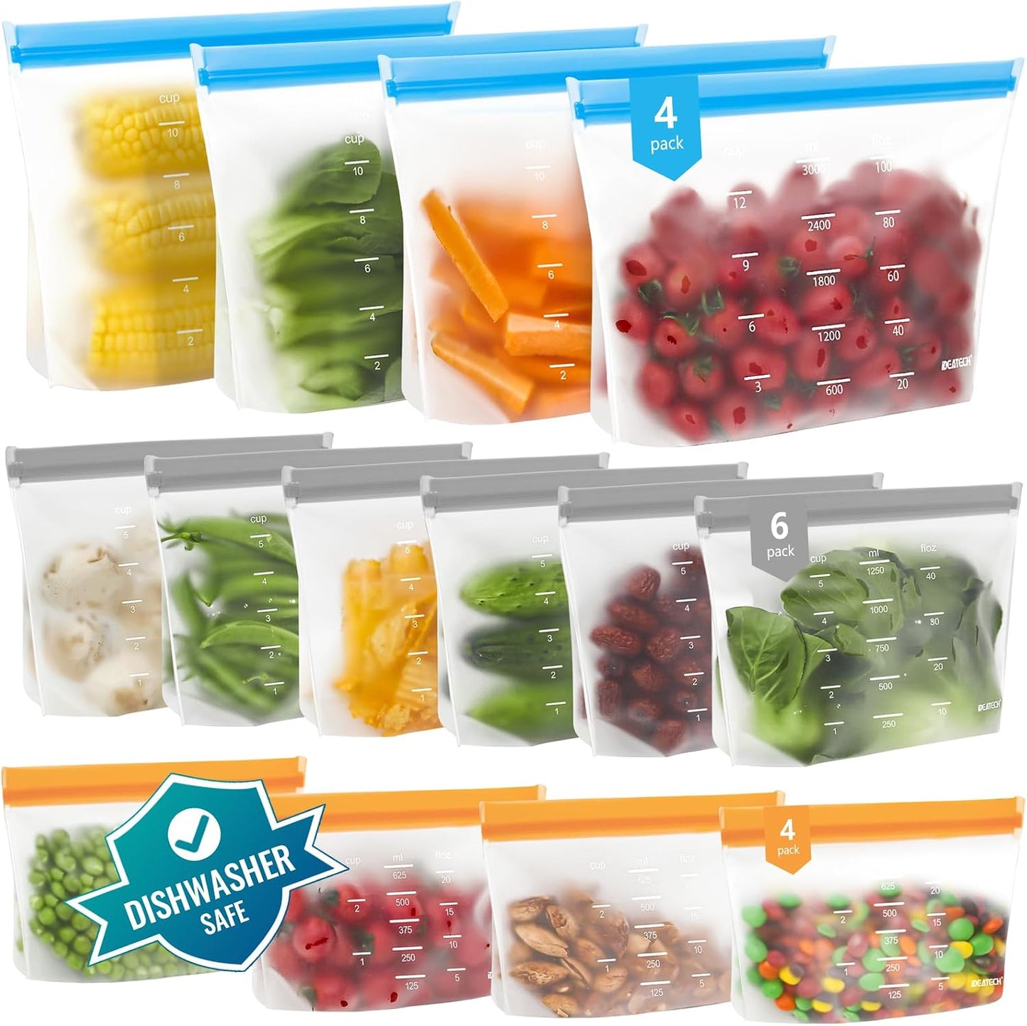 IDEATECH Reusable Bags Dishwasher Safe, BPA Free Reusable Gallon Freezer Bags, Stand Up Leakproof Food Storage Bags for Marinate Meats, Salad Fruit, Vegetables, Home Organization -Gray 6 Large Bags