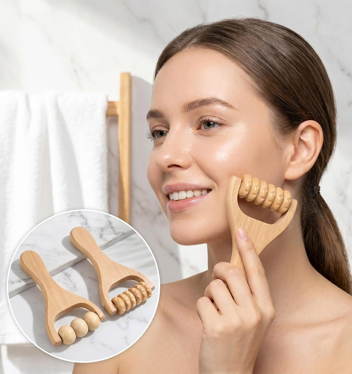 2 Pcs Wooden Massage Roller Handheld Bead Massage Tool for Muscle Relief