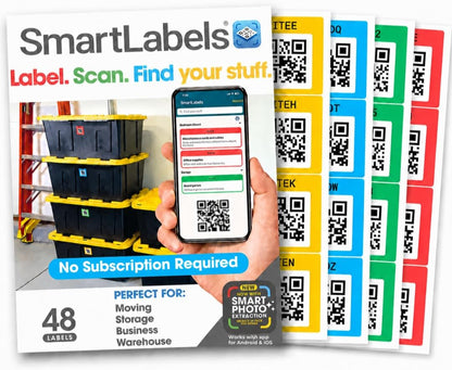 QR Code Stickers with AI Photo Analysis App - Auto-Creates Item Descriptions - No Typing - Made in USA - QR Code Labels for Storage & Inventory Tracking, Organization & Moving, Pack of 48