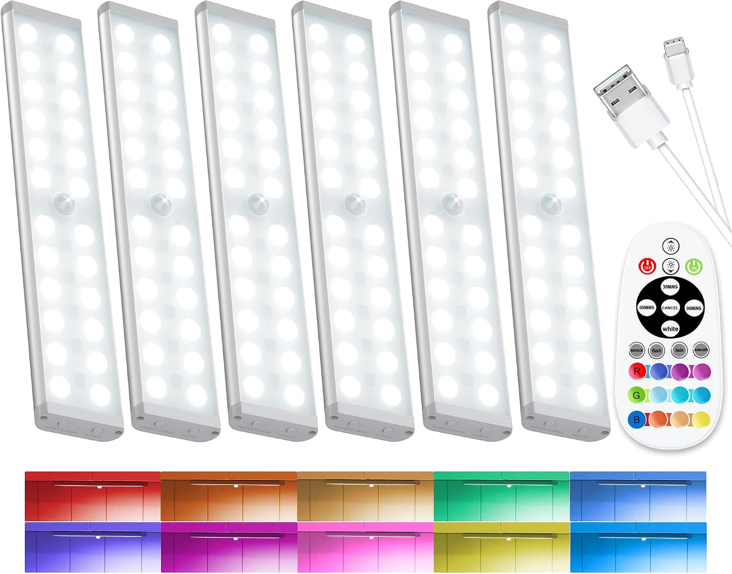 SZOKLED Motion Sensor Night Lights, 58-LED RGB Under Cabinet Lighting Wireless, 1100mAh Rechargeable Under Cabinet Lights Dimmable Closet Lights for Step, Stair, Kitchen,Hallway (2 Pack)
