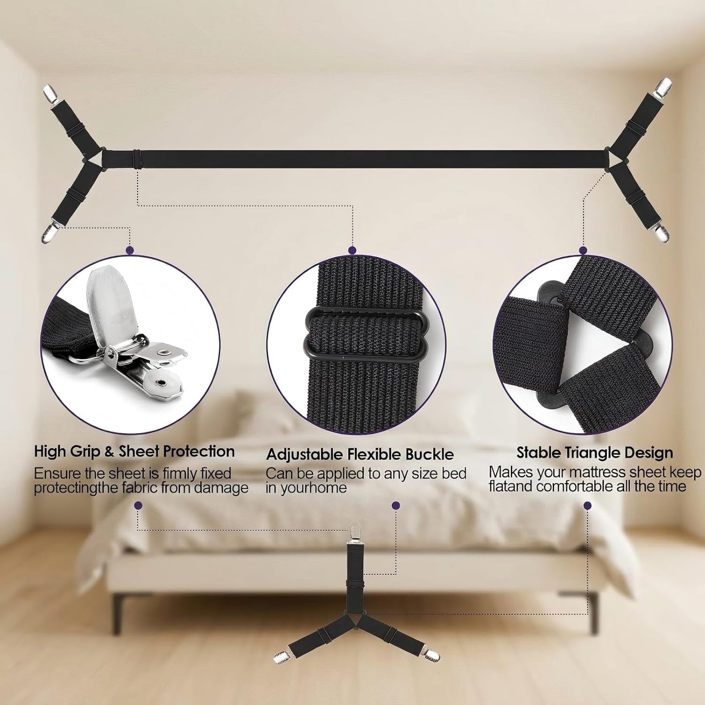 2 Pack Bed Sheet Straps Adjustable Criss - Cross Sheet Holders for Corners Heavy Duty Bed Sheet Clips Fasteners Keep Sheets in Place on Mattress Black