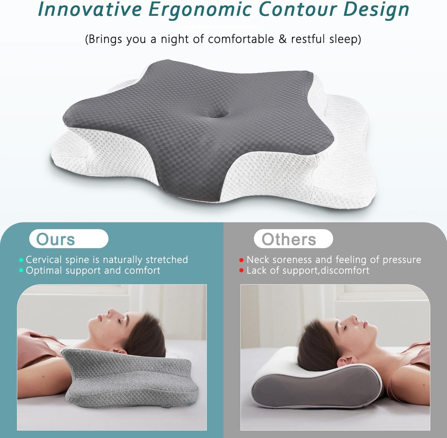 CHxxy Memory Foam Pillows, Cervical Pillow for Neck & Shoulder Pain Relief | Ergonomic Contour Bed Pillow, Soft for Side Sleep Stomach Sleeping and Back Sleeper-Queen Size&Grey