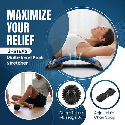 Back Stretcher for Lower Back Pain Relief with Massage Ball & Support Belt, Multi-Level Adjustable Arch Lumbar Back Cracker Board, Spine Decompression & Posture Support Back Massager
