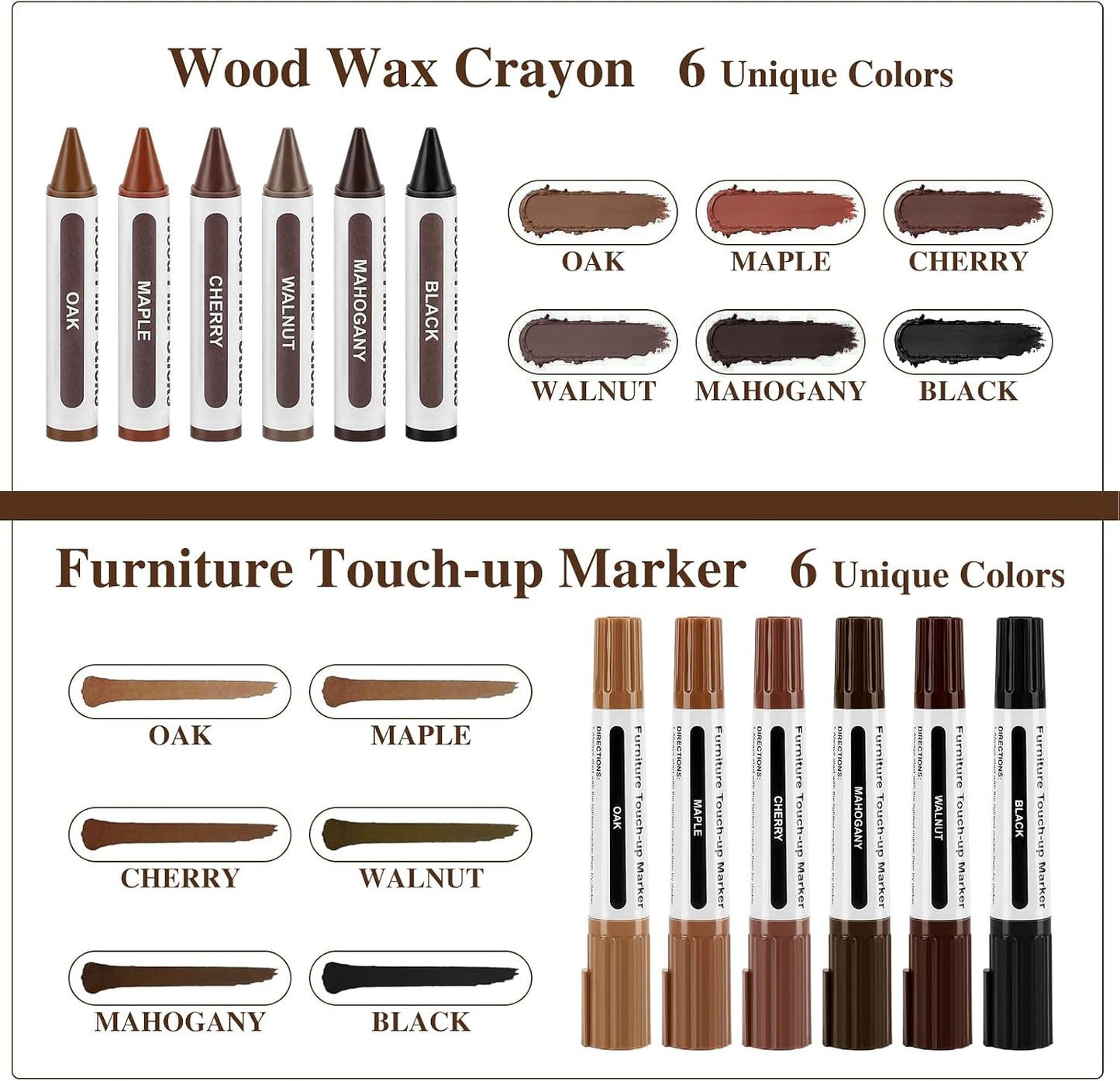 Dual Tip Furniture Markers Touch Up, Upgrade 13 Pcs Markers Furniture Repair Kit, Touch Up Paint Pen and Wood Filler Putty Stick with Sharpener Kit, for Stain Remover, Floor Scratch Repair