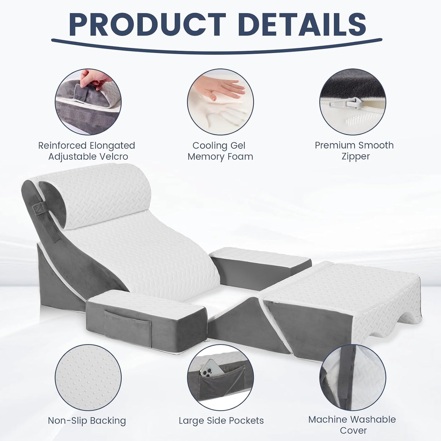 5PCS Wedge Pillow Set for After Surgery, Adjustable Orthopedic Foam Bed Wedge Pillow for Acid Reflux, GERD & Heartburn Relief, Back & Leg Elevation Support for Sleeping & Sitting Up, White Grey
