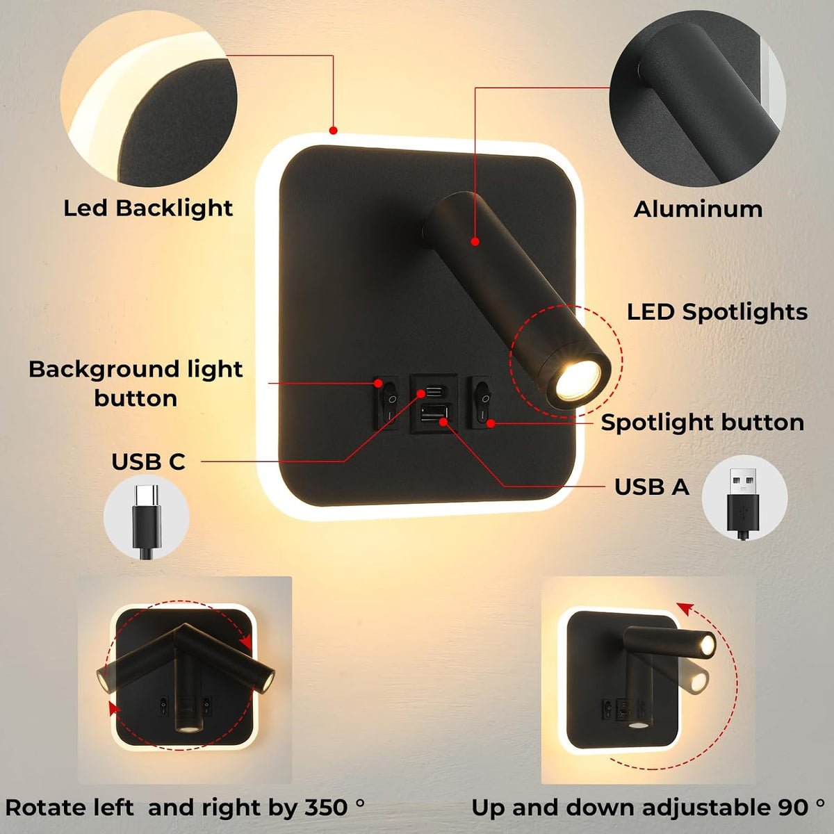 Wall Sconce Plug in with Wall Mounted Reading Lights,Modern Wall Lamp for Bedroom with Charging Station USB C+A Ports,Headboard Bedside Lamps with 3W+9W Night Light,3 Color Temperature