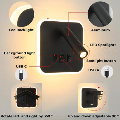 Wall Sconce Plug in with Wall Mounted Reading Lights,Modern Wall Lamp for Bedroom with Charging Station USB C+A Ports,Headboard Bedside Lamps with 3W+9W Night Light,3 Color Temperature