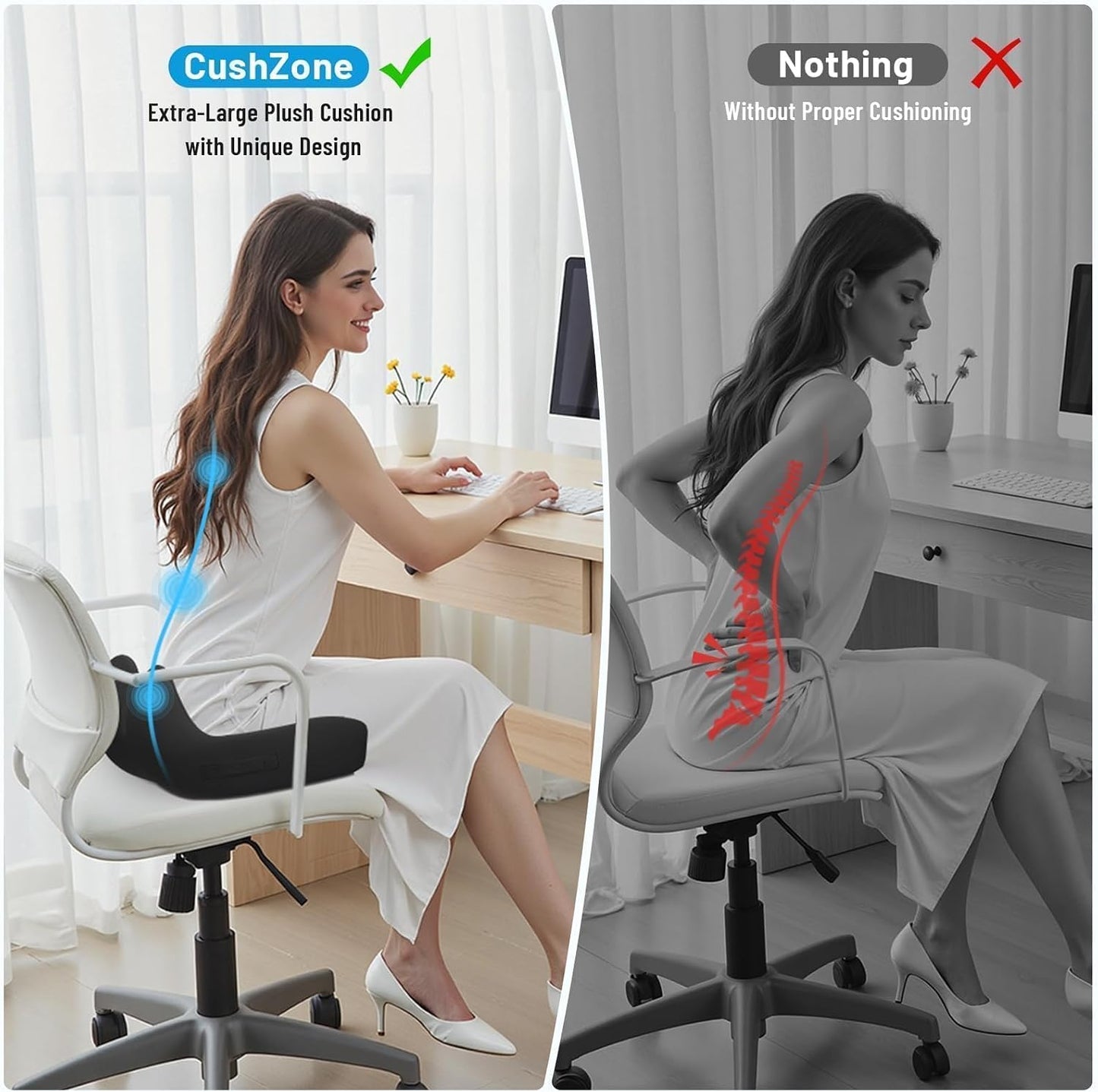 Memory Foam Seat Cushion, Ergonomic Office Chair Cushion for Long Sitting | Curved Tailbone Support Cushion for Car, Desk Chair and Wheelchair, Coccyx Comfort Pad with Breathable Cover, Gray