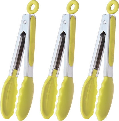 HINMAY Mini Tongs with Silicone Tips 7-Inch Serving Tongs, Set of 3 (Red Blue Green)