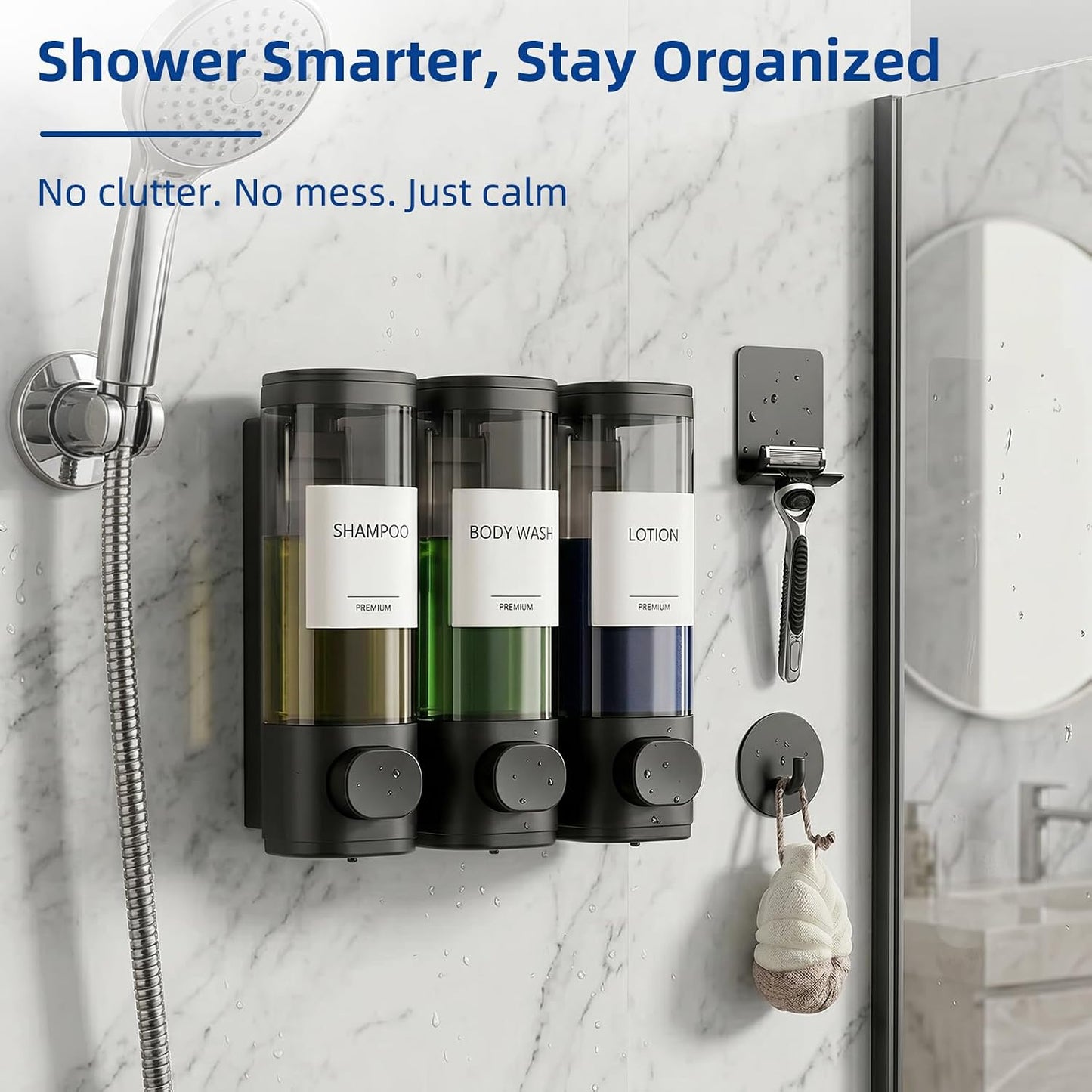 GMISUN Shower Soap Dispenser Wall Mounted with Razor Holder & Loofah Hook, No Drill Design Shampoo and Conditioner Dispenser, Plastic Shower Soap Dispenser Bottles with Labels Set of 3,Satin Silver