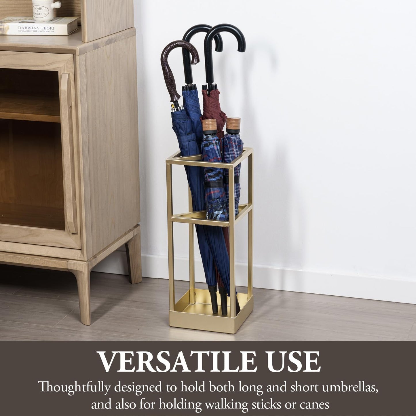 MyGift 20 Inch Brass Tone Metal Umbrella Stand with Drip Tray | Freestanding Rain Gear Storage - Long Short Umbrellas Canes Walking Sticks Entryway Lobby Office Floor Standing Drip Catcher