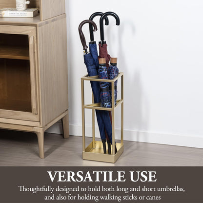 MyGift 20 Inch Brass Tone Metal Umbrella Stand with Drip Tray | Freestanding Rain Gear Storage - Long Short Umbrellas Canes Walking Sticks Entryway Lobby Office Floor Standing Drip Catcher