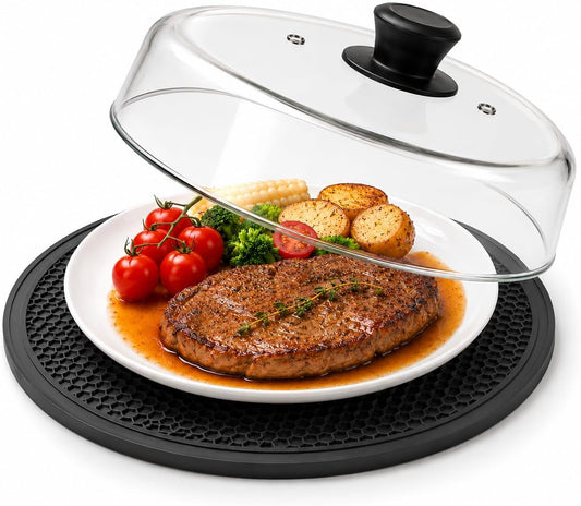 Glass Microwave Splatter Cover for Food, 10-Inch Borosilicate Glass Microwave Plate Cover with Vent Hole & Anti-Slip Silicone Mat, Tall Heat Resistant Microwave Food Cover, Dishwasher Safe