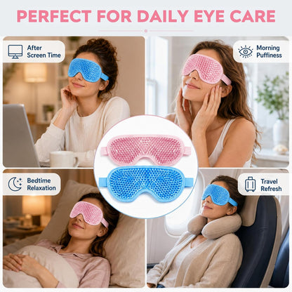 Gel Eye Mask, 2 Pack Cooling Eye Mask for Puffiness & Dark Circles, Hot/Cold Reusable Ice Packs with Flexible Beads, Full Coverage Compress Sleeping Mask with Adjustable Soft Plush Strap for Women Men