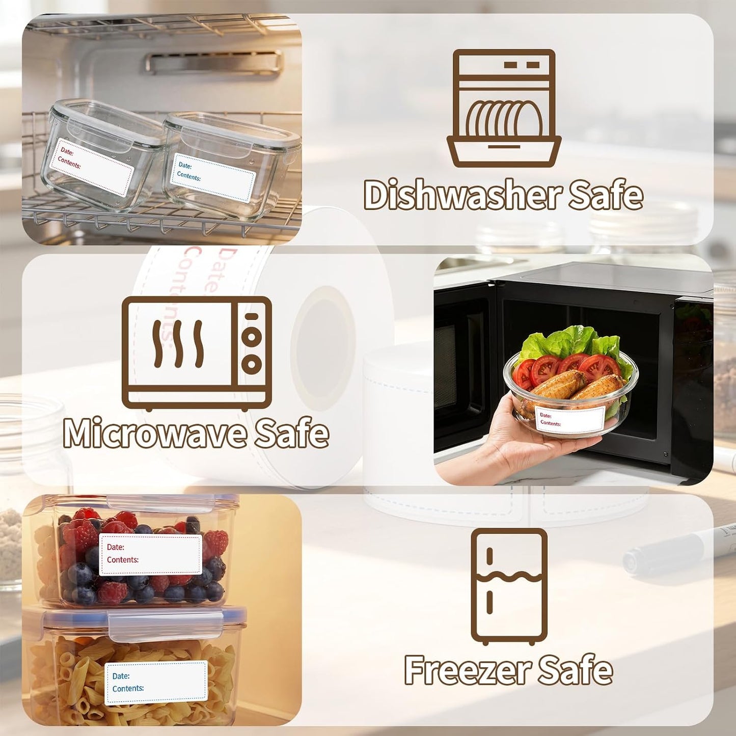 300 Labels Removable Food Labels, HUOJI 1 x 2 Kitchen Labels | 150 Labels per Roll, Date Stickers for Freezer, Refrigerator Food Containers, No Residue(2 Rolls, 2 Colors)
