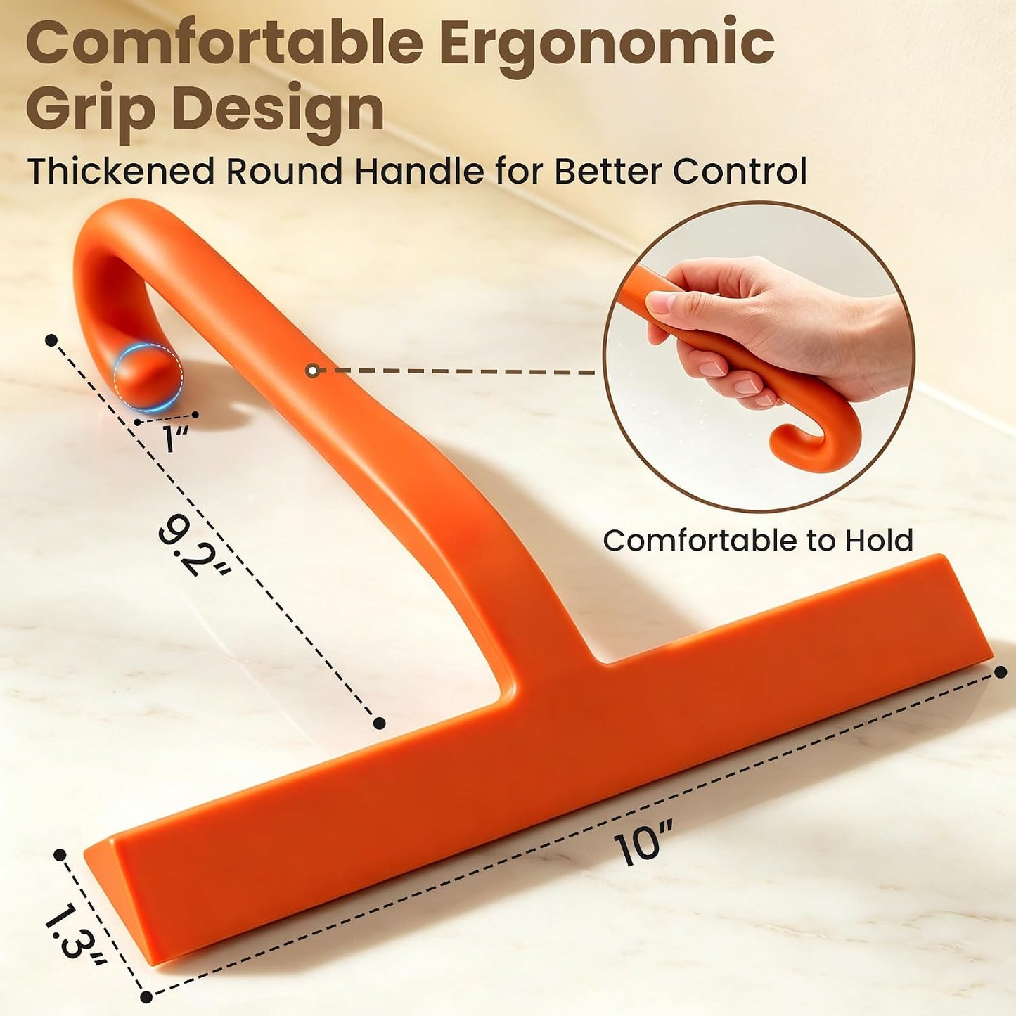10 Inch Silicone Shower Squeegee for Glass Doors, Streak-Free, Black | No-Squeak Silicone Blade, Ergonomic Round Grip and Built-In Hook for Quick Daily Cleaning of Shower Glass, Tile and Windows