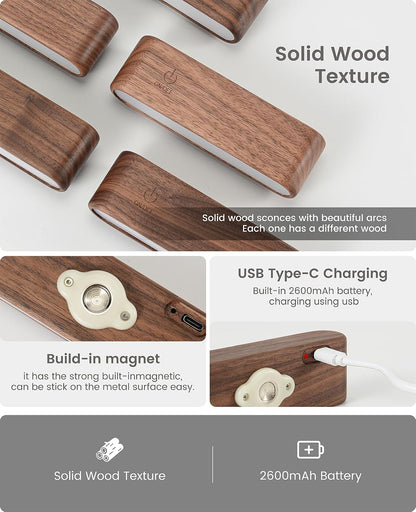 Rechargeable Wall Sconce, Reading Light for Bed, Magnetic Wood Lamp | Set of 2, Black Walnut, Touch Control, Adjustable Brightness, 4000K Nautral Light for Reading, Headboard Light, 360° Rotation