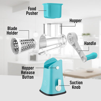 Zulay Kitchen Rotary Cheese Grater 5 Blade Cheese Shredder - Manual Hand Crank Cheese Grater With Reinforced Suction & 5 Interchangeable Drums - Easy to Use, Vegetable Chopper Round Mandoline Slicer - Colors B