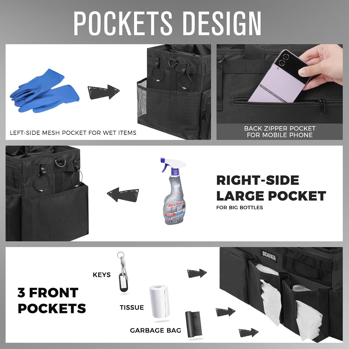 SCAVATA Wearable Cleaning Caddy Bag, Cleaning Caddy Supplies Organizer with Handle & Shoulder Straps for Housekeepers, Under Sink & Car Cleaning Tool Organizers with 4 Foldable Divider (Lake Blue)